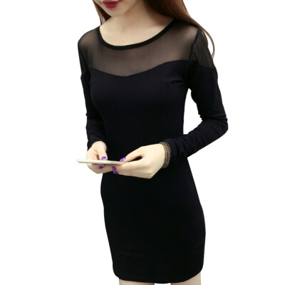 

Women Dress Sexy Bodycon Hollow Out Mini Dress Lace striped patchwork spring autumn full sleeve Dress black Party Vestidos