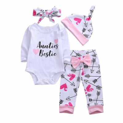 

Newborn Infant Baby Girls Clothes Romper Tops Bowknot Pants Hat Headband Outfits