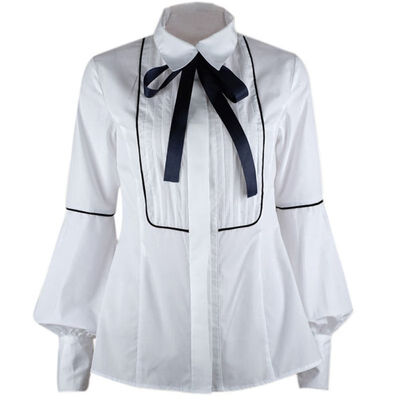 

Office Bow Tie Blouses Female Elegant Necktie Top Women Lantern Sleeve White Shirts