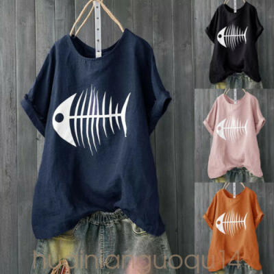 

Vintage Women Ladies Casual Short Sleeve Fish Bone Baggy T-Shirt Tops Blouse UK