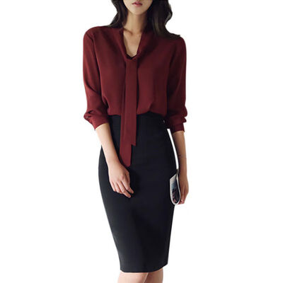 

Spring New Women Blouses Elegant Long-Sleeved Long Tie Loose Chiffon Shirt Solid Color Blusas