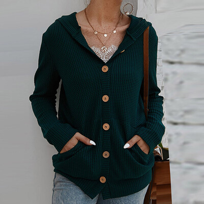 

Tailored Women Casual Pocket Button Blouse Solid Long Sleeve Knitted Hooded Sweater Tops
