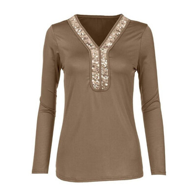 

Women Fashion Sequined Patchwork Tshirt Casual Long Sleeves V Neck Elegant Tshirt Female Autumn Winter Tops Clothing