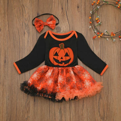 

Newborn Baby Girl Pumpkin Romper Skirt Tutu Dress Headband Halloween Outfits Set