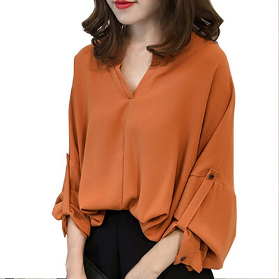 

EFINNY Women Batwing Sleeve Blouse Summer Loose V Neck Tops Solid Long Sleeve Chiffon Shirt Plus Size