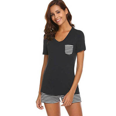 

Women Concise Casual Short Sleeve V-collar Comfortable Striped Short Style Pajama Set