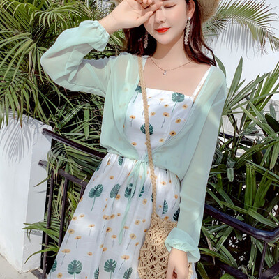 

Women Lace Up Perspective Shirt Chiffon Solid Kimono Cardigan Loose Long Sleeve Short Blouse Summer Cover Up Beach Plus Size