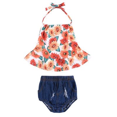 

teenage girls clothing sling flower cotton soft two-piece sun flower top dark blue shorts for 0-3T