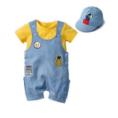 

Summer Baby Boy Clothes set Short Sleeve Baby Romper Tops Casual Striped Strap Shorts Hat Outfits Set