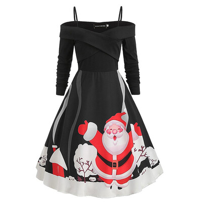 

Shoulder Christmas Dress Long Sleeve Santa Claus Printed Cute Vintage Dress Xmas Party Dress