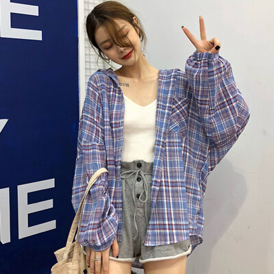 

Woman Vintage Plaid Shirt Single Breasted Turn down Collar Autumn Long Sleeve Button Retro Blouses Fall Clothes Tops