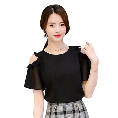 

Korean New Fashion Personality Ruffled Off-the-shoulder Short-sleeved Chiffon Shirt