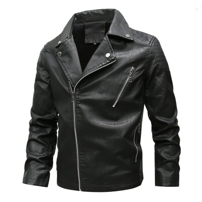 

Toponeto Mens Autumn Winter Fashion Velveted Zipper Pure Color Imitation Leather Coat