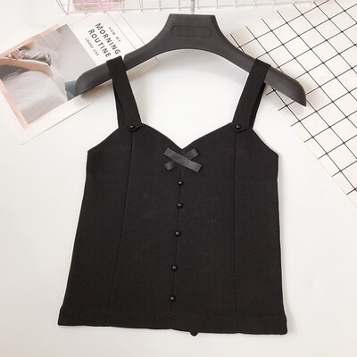 

Bow Button Beading Knitted Crop Tank Top Lace Up Cropped Tees Camis Women Sleeveless Casual V-Neck Pullover Korea Style