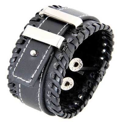 

Unisex Punk Leather Cuff Bracelet Stitching Two Layers Woven Leather Bangle