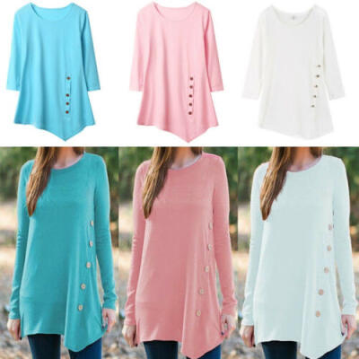 

Women Lady Long Sleeve Loose Button Trim Blouse Round Neck Tunic T-Shirt Tops US