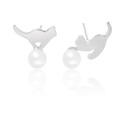 

Cute Cat Pearl Silver Earrings Color Silver