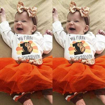 

CA Sale Newborn Baby Girls Thanksgiving Romper Tulle Dress Headband Outfits Set