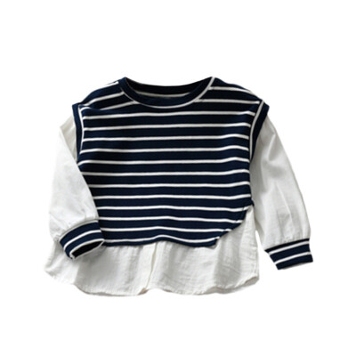 

Children Clothing Girls Comfortable Sweater Stripe Two Piece Stitching Long Sleeve Round Collar Cotton Casual Summer Tops