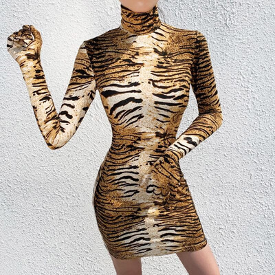 

Women Casual Dress Tiger Print High Neck Long sleeve Nigh Club Party Autumn Winter Bodycon Mini Dress with Gloves Yellow
