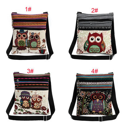 

Women Mini Crossbody Bag Owl Embroidery Jacquard Zipper Adjustable Strap Light Messenger Travel Outdoor Shoulder Bag