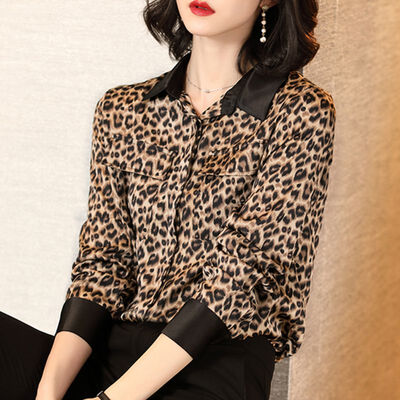 

Vintage Leopard Print Women Blouse Elegant Lapel Shirt Tops New Autumn Slim Female Blouse Single-breasted Long Sleeve Blouse