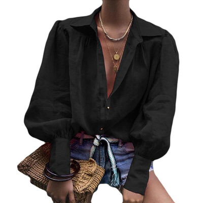 

Women Blouses Vintage Lantern Sleeve Autumn Winter V-Neck Blouse Female Loose Shirts Tops blusas mujer