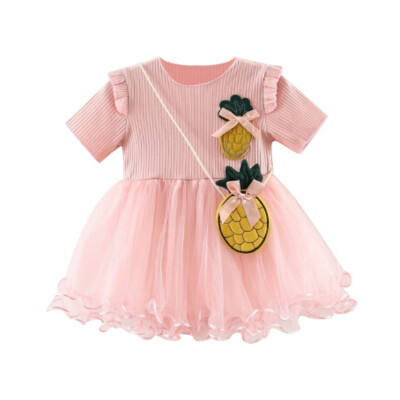 

Summer Baby Girl Short Sleeve Princess Dress with Pineapple Shape Bag Patchwork Dresses