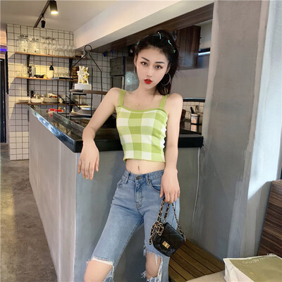 

2019 crop top women Summer Fashion Sexy Slim Fit All-match Plaid Concise Short Style Camisoles