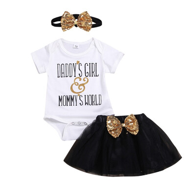 

2PcsSet Summer Baby Girl Casual Short Sleeve Letter Print Romper Tops Mesh Skirt With Headband Outfits Set