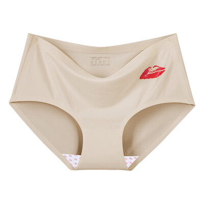 

Women Seamless Underwear Female Ice Silk Red Lips Printed Briefs Mid Waist Ladies Sexy Lingerie Panties Breathable Briefs