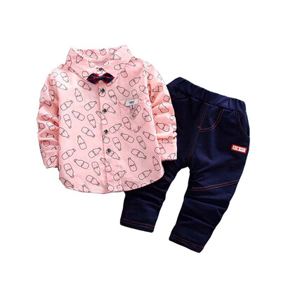 

Korean Style children clothing boy Printed Plaid Solid Shirt Trousers Two-piece Suit 1-4 years old