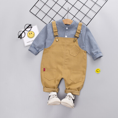 

Autumn Baby Boy Clothes Cute Plaid Print Fashion Long Sleeve Shirt Blouse Suspenders Trousers Casual Kids Clothes Spring 2pcs