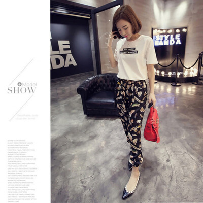

Women Harem Pants Summer Elastic Waist Loose Colorful Floral Print Ankle-length trousers with national characteristics