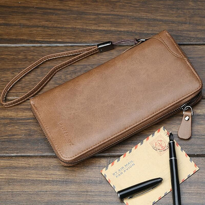 

Men Long Wallet PU Leather Sling Zipper Interior Pocket Multifunctional Solid Color Fashion Purse Handbag