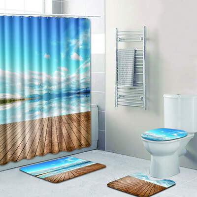 

Gobestart 4PCS Sea Style Non Slip Toilet Polyester Cover Mat Set Bathroom Shower Curtain