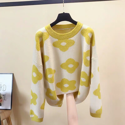 

Women Korean Style Floral Pattern Knitted Pullover Sweater Kawaii Gril Autumn Warm Clothes Knitwear Jumpers