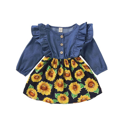 

New Children Baby Dresses Girls Long Sleeve Round Neck Sunflower Print Dress For Kids Cute Girl Princess Dress