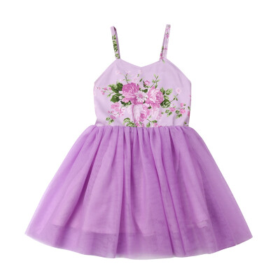 

Summer Baby Girls Purple Floral Dress Casual Fashion Printing Sleeveless Pink Kids Dresses For Girls Sling Mesh Princess Dress