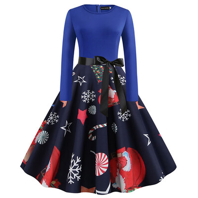 

Christmas Vintage Dress Long Sleeve Big Swing Party Dress Elegant Printed Xmas Dress