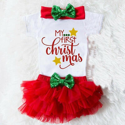 

3PCS My 1st Christmas Baby Girls Princess RomperTutu Ruffle Short BloomerHeadband Clothes Fit For 0-18M