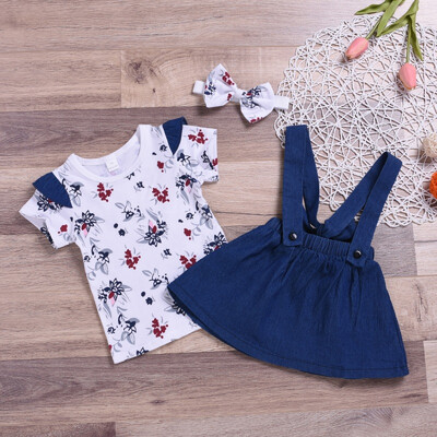 

Summer Kids Girl Short Sleeve Sets Casual Floral Print T-shirt BlouseStrap Denim SkirtsHeadband Casual Outfits Set
