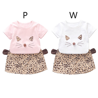 

Kids Girls Summer Short Sleeve Cotton Cat Pattern T-shirt Blouse Leopard Skirts Casual Outfits Set
