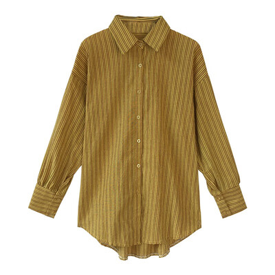 

Women Striped Blouses Shirts Fashion Long Sleeve Turn-down Collar Loose Blouse Autumn Casual Side Split Chic Blouses Tops Female