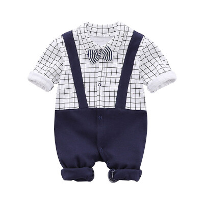 

Autumn Baby Boy Gentleman Clothes Long Sleeve Plaid Printing Fake 2 Piece Newborn Rompers Costumes