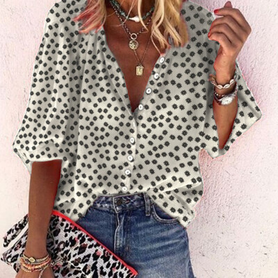 

Womens Blouse Summer Loose Casual Dot Shirt Half Sleeve Polka Tops Beach OL Lady Plus Size Autumn V-Neck Top