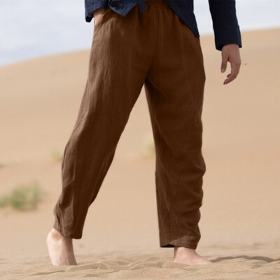 

Tailored Mens Vintage Summer Casual Solid Drawstring Cotton Linen Long Pants Trousers
