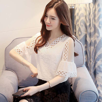 

Women V-neck Chiffon Blouse Summer Solid Color Sweet Lace Hollow Vintage Bell Sleeve Strapless Tops