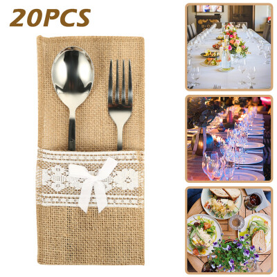 

20Pcs Burlap Lace Cutlery Pouch Set Wedding Tableware Knife Fork Holder Bags Natural Jute Party Table Decoration Accessories