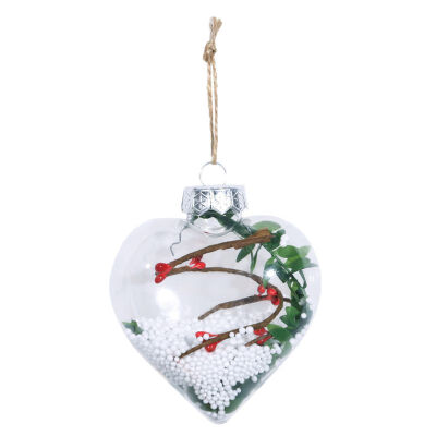 

Heart-Shaped Clear Plastic Christmas Ball Ornaments With Artificial Snow And Berries For Party Holiday Christmas Decoration